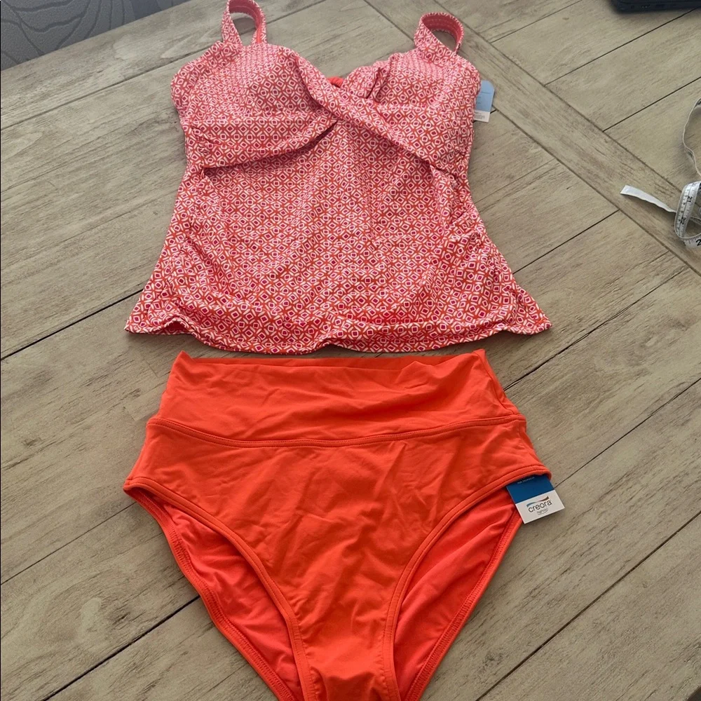 Lands' End Women's Striped Square Neck Tankini Top Orange/White/Coral Pink 6D/8
